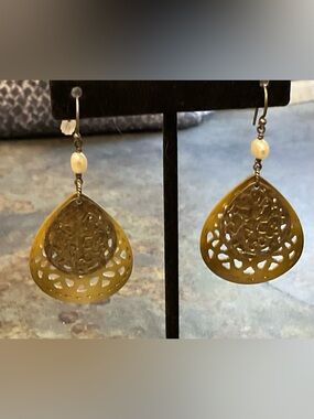 Peyote Bird Sterling Silver and Mother of Pearl Carvd Teardrop Dangle earrings